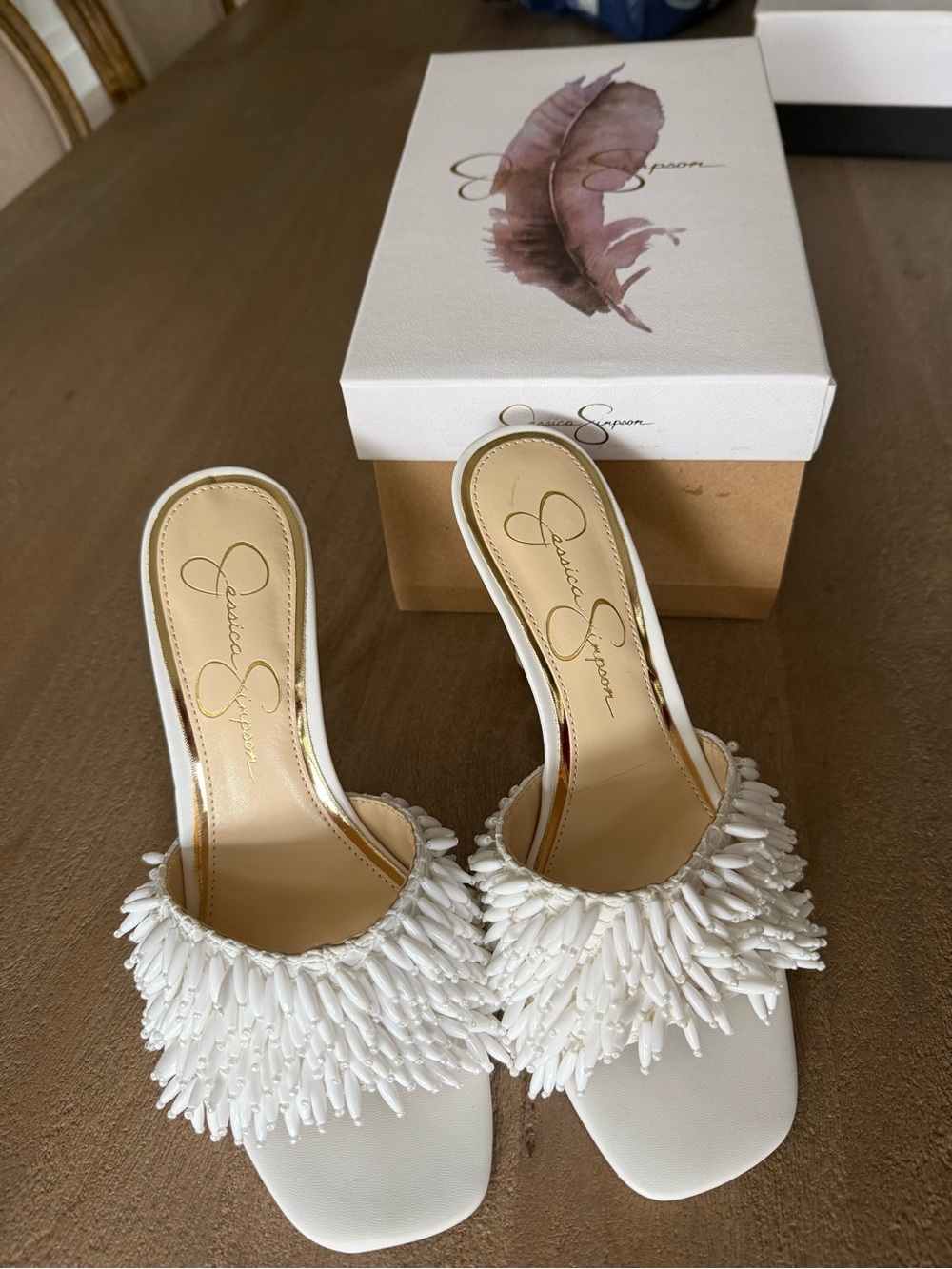 Jessica Simpson Olya White Beaded Fringe Slide Mules